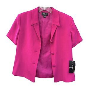 New Shomi Satin Silk Pink Blazer Button Down Short Sleeve Collar Jacket Womens 6